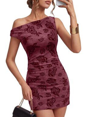 Women's Mini Dress Red One Shoulder Neck Sleeveless Bodycon Casual Summer Soft